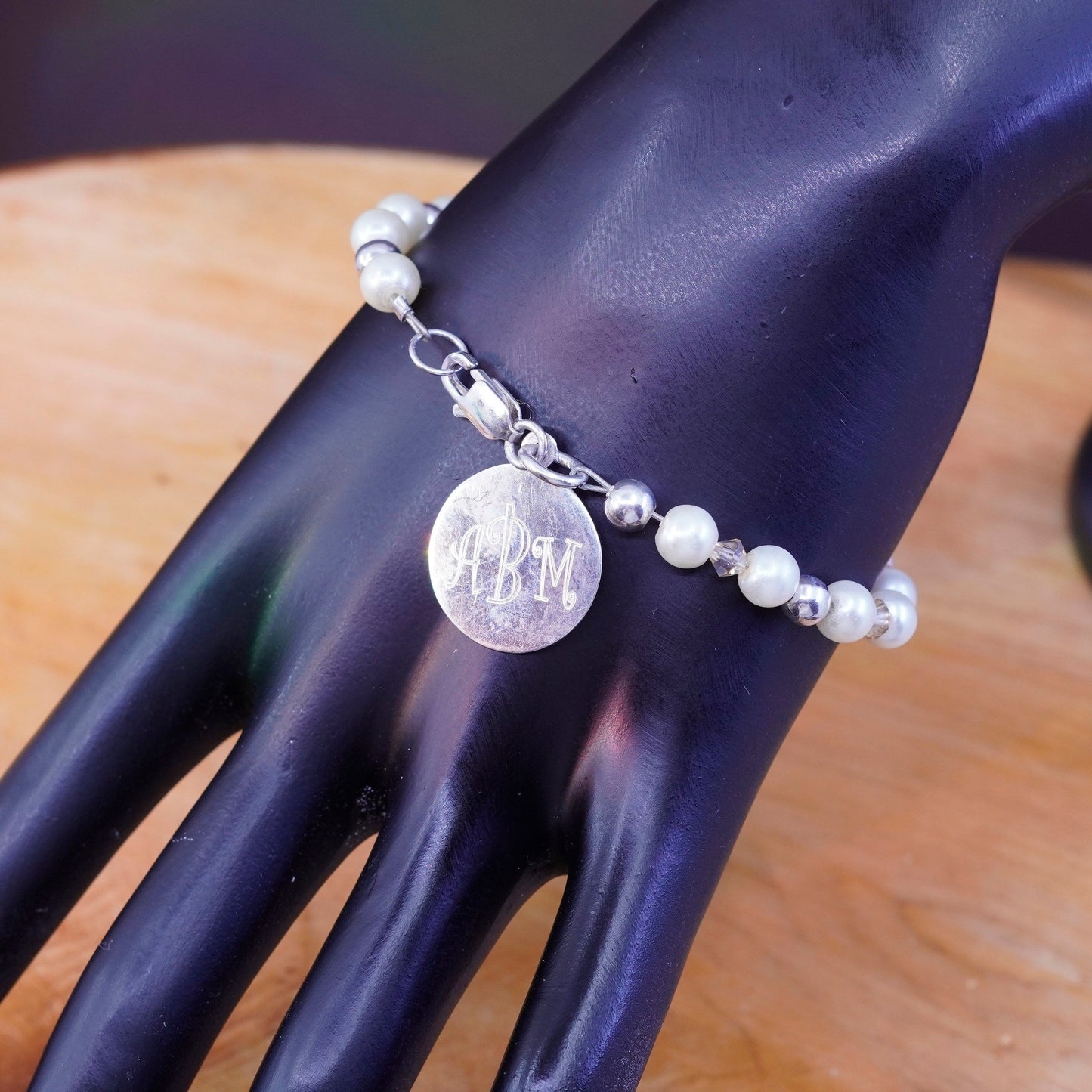 7.25”, Sterling silver bracelet, pearl beads chain 925 charm monogram “ABM”