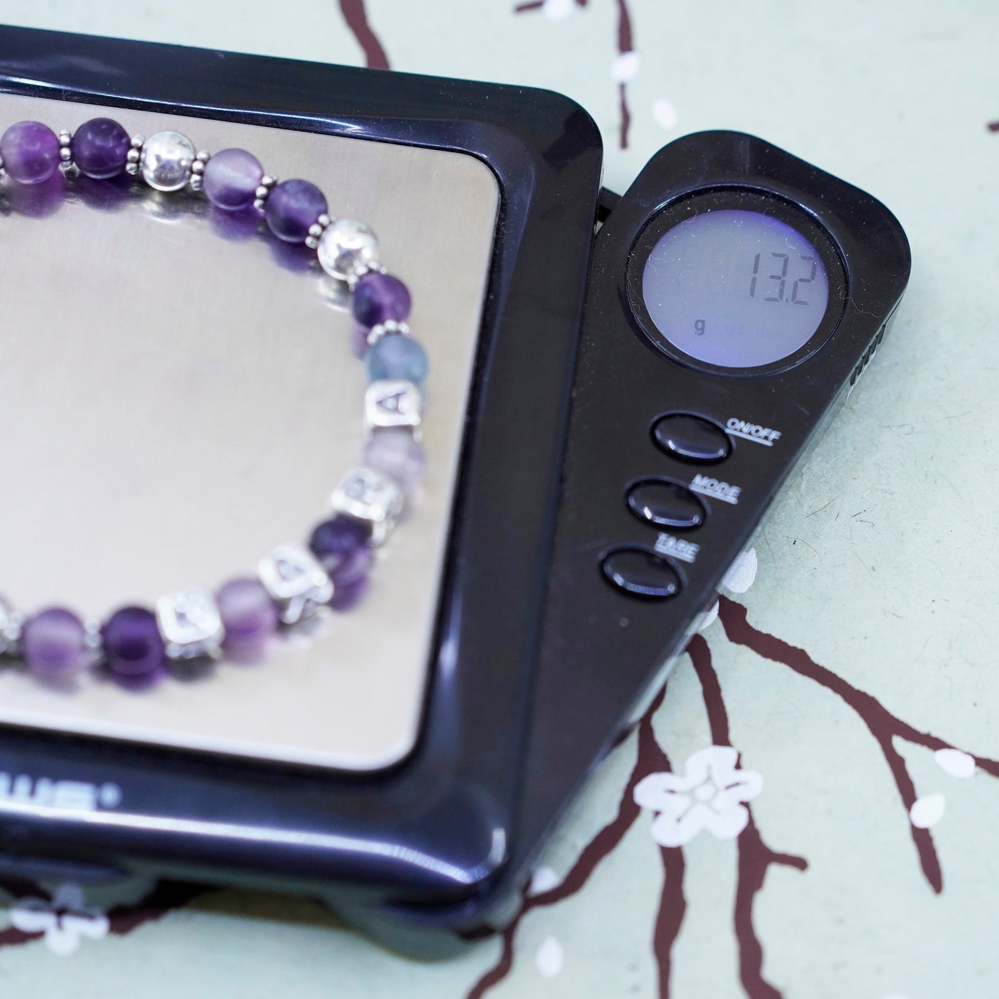 6.5”, handmade Bracelet amethyst beads and 925 sterling silver cube “Kara”