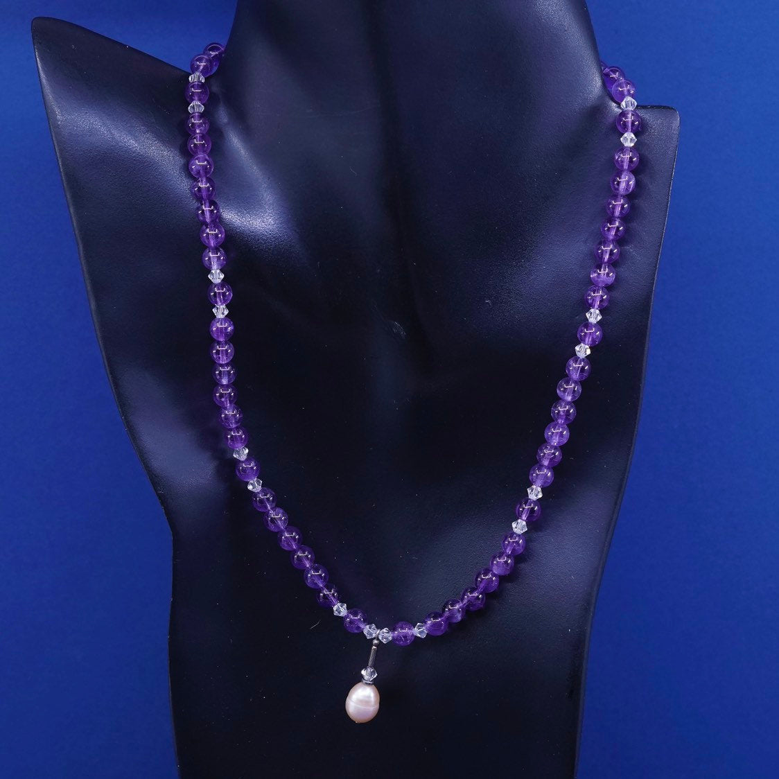 18”, Sterling silver necklace, 925 circle chain w/ amethyst beads pearl pendant