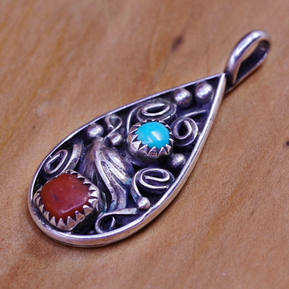 Native American Jeff Largo Sterling 925 silver teardrop pendant turquoise coral