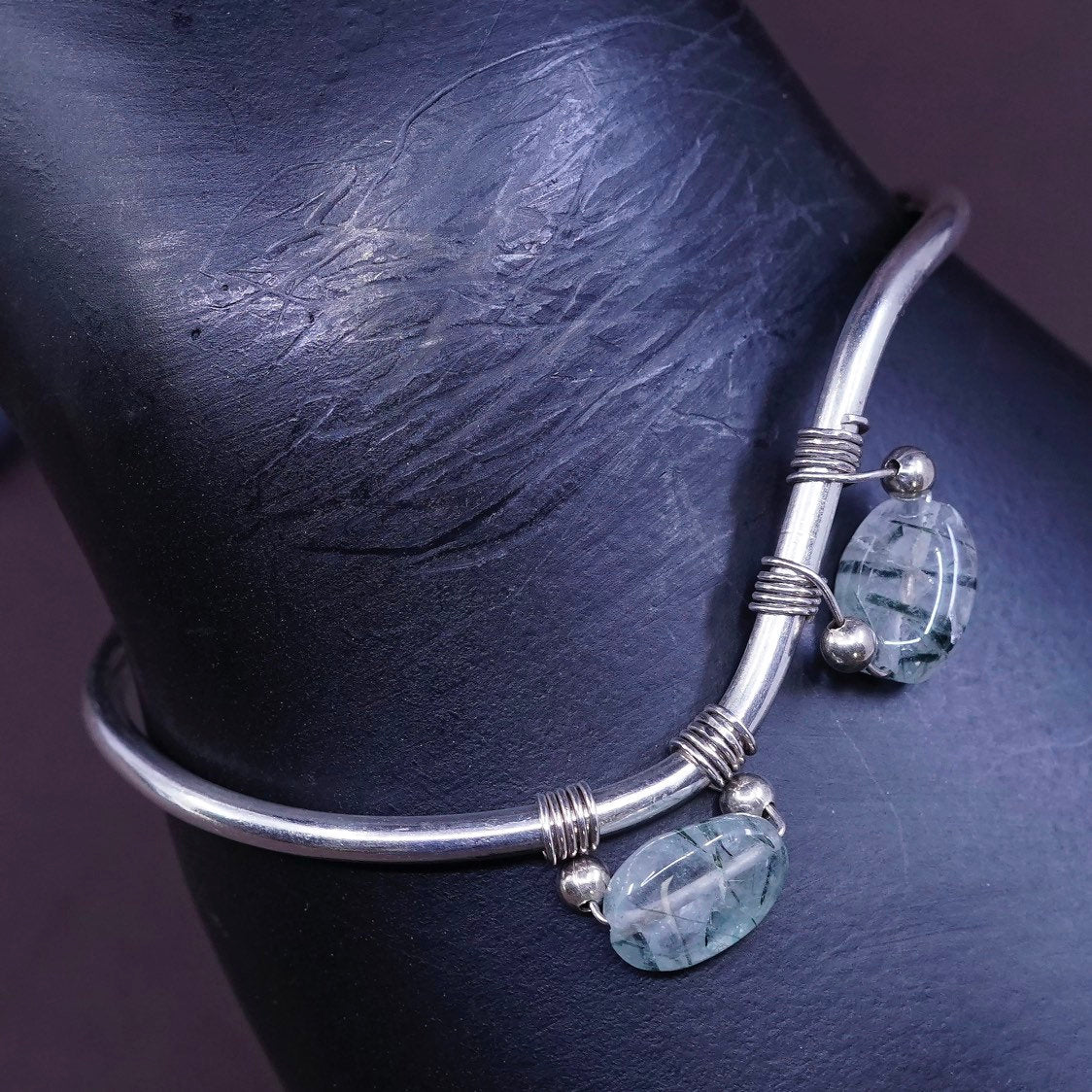 5.75", vtg Sterling silver hammered bracelet, 925 wide cuff w/ Jade
