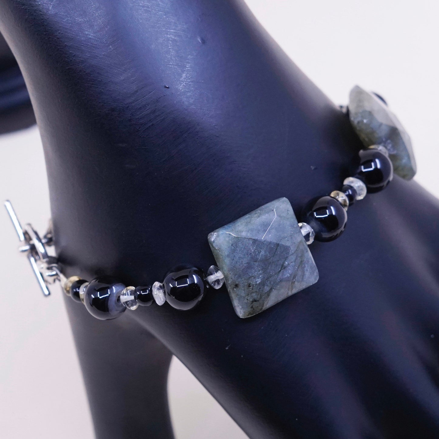 7”, Vintage handmade bracelet with square labradorite and obsidian