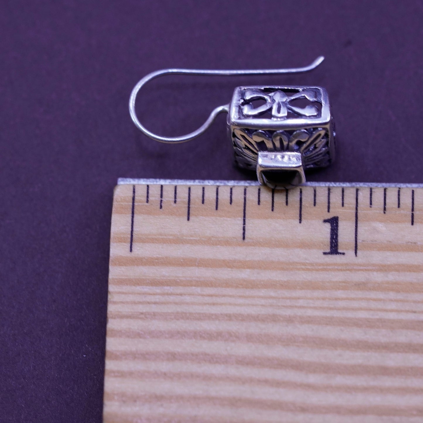 Vintage Sterling 925 silver handmade earrings with square obsidian and beads