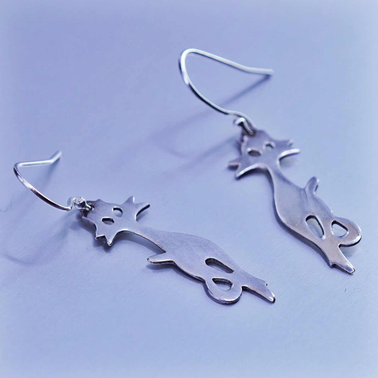 vintage Sterling silver handmade earrings, 925 cat kitty dangles