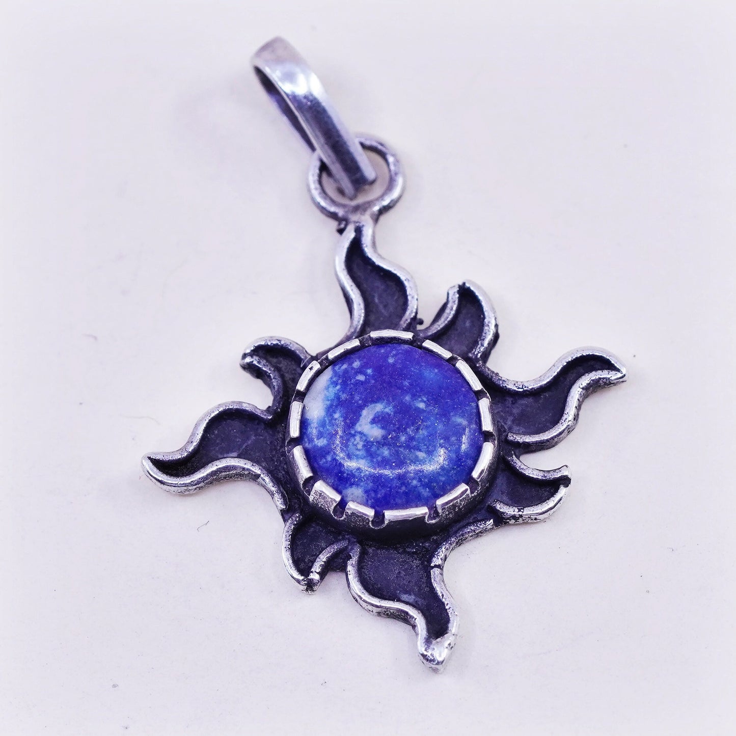 Vintage Mexico sterling 925 silver handmade sun pendant with circle sodalite
