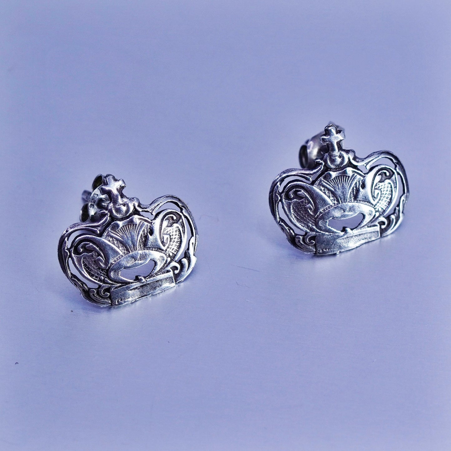 Vintage Sterling 925 silver handmade crown earrings, studs