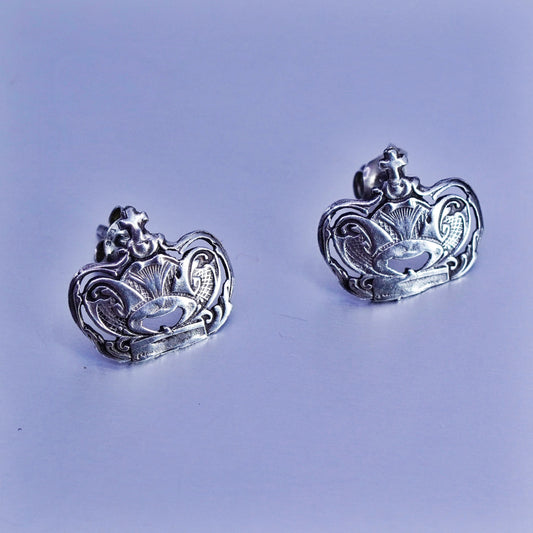 Vintage Sterling 925 silver handmade crown earrings, studs