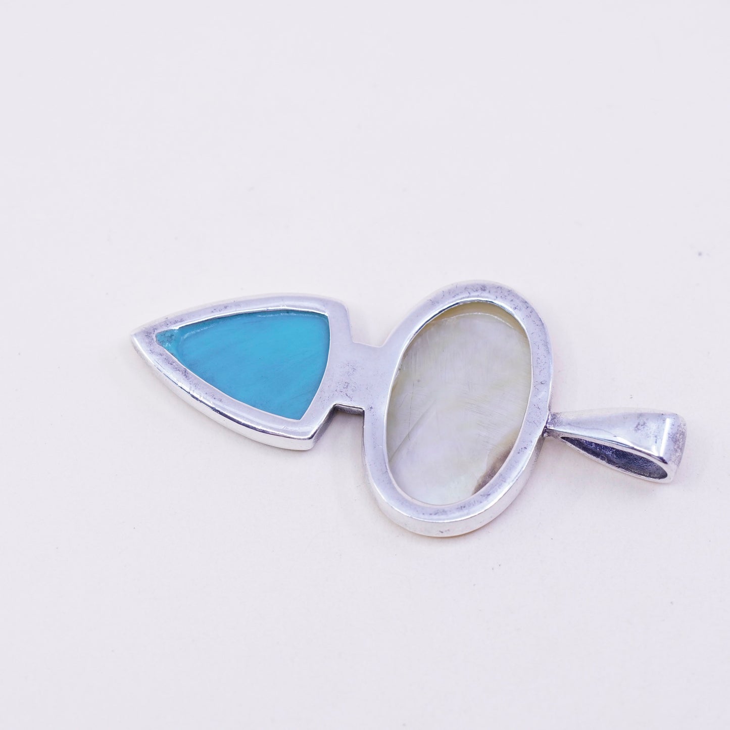Vintage sterling 925 silver handmade pendant with mother of pearl and turquoise