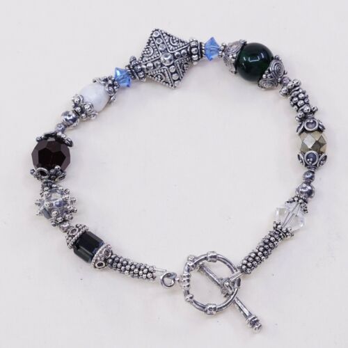 6.75” Vtg Sterling Silver Handmade Bead Bracelet, 925 Toggle n Swarovski Crystal