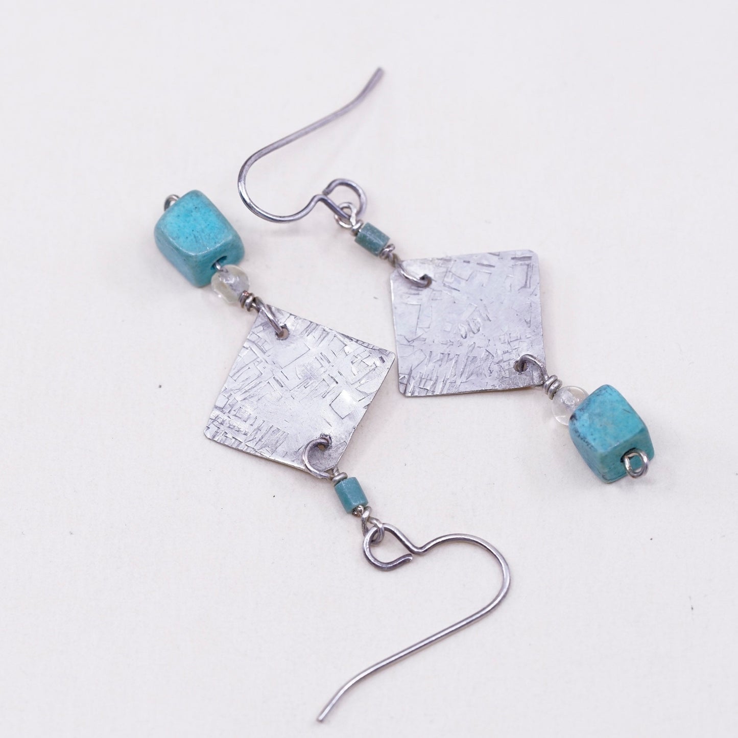 Vintage Sterling 925 silver handmade tag earrings, with cube turquoise