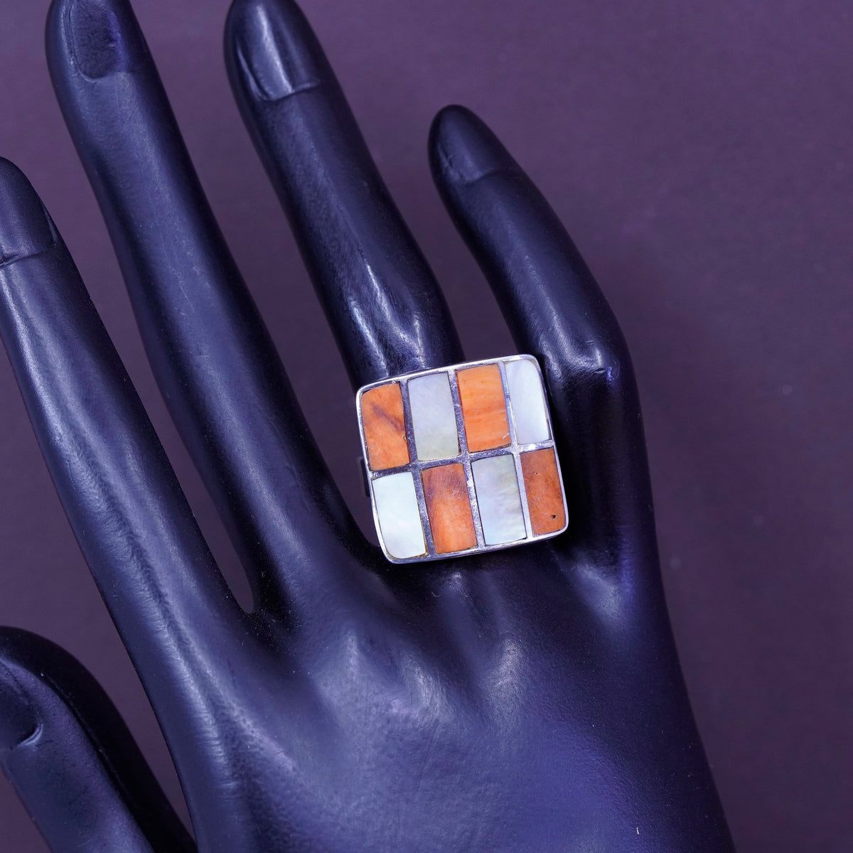 Size 9, VTG Sterling 950 silver square ring w/ red coral MOP, Native American