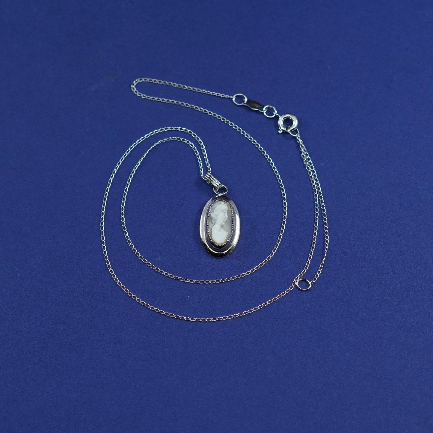 16+2”, Sarah Co Sterling silver necklace 925 circle chain mother of pearl cameo