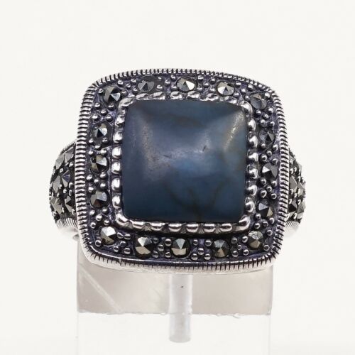 Sz 7.75, Vtg Handmade Sterling 925 Silver Cocktail Ring W/ Turquoise N Marcasite