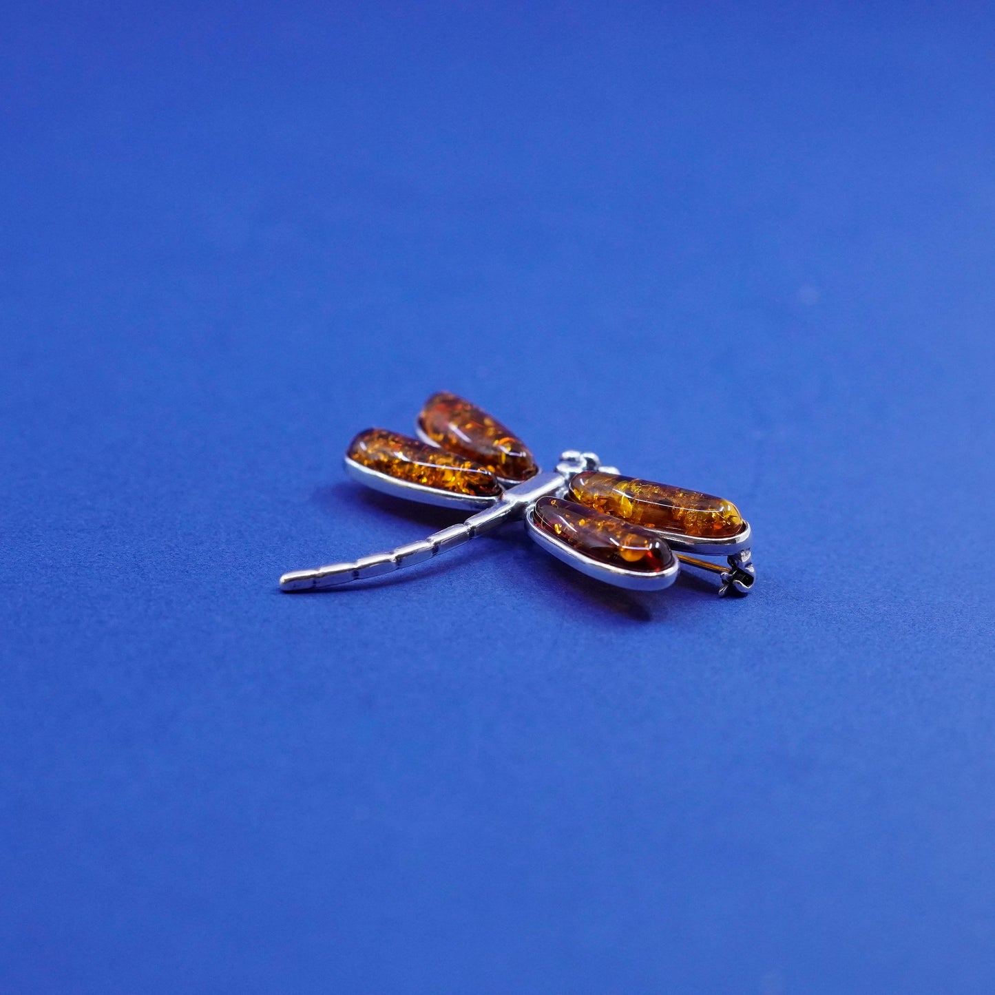 Vintage mexico Sterling 925 silver handmade dragonfly brooch with amber
