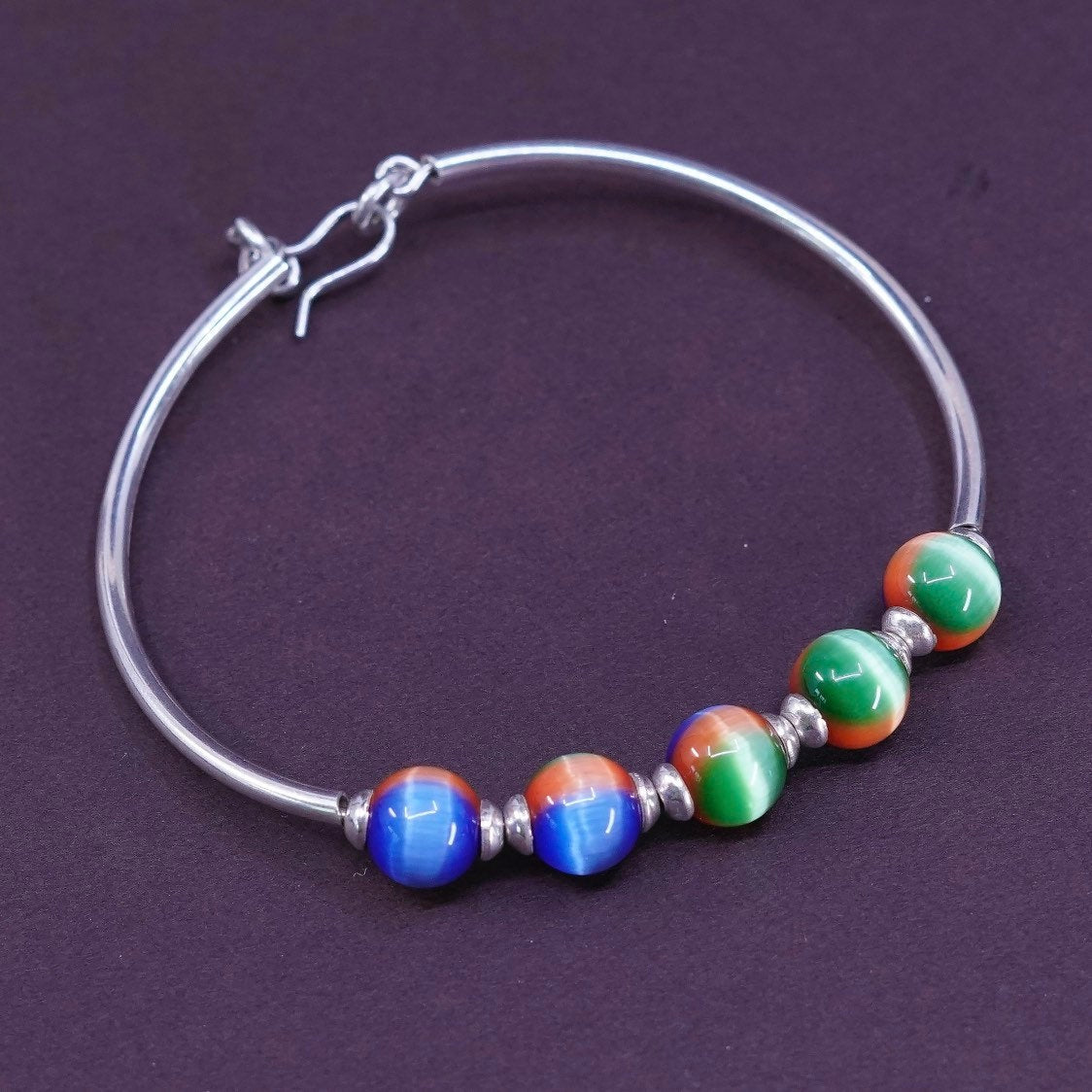 7”, vtg Sterling silver handmade bracelet, 925 hinged bangle w/ tiger eye beads