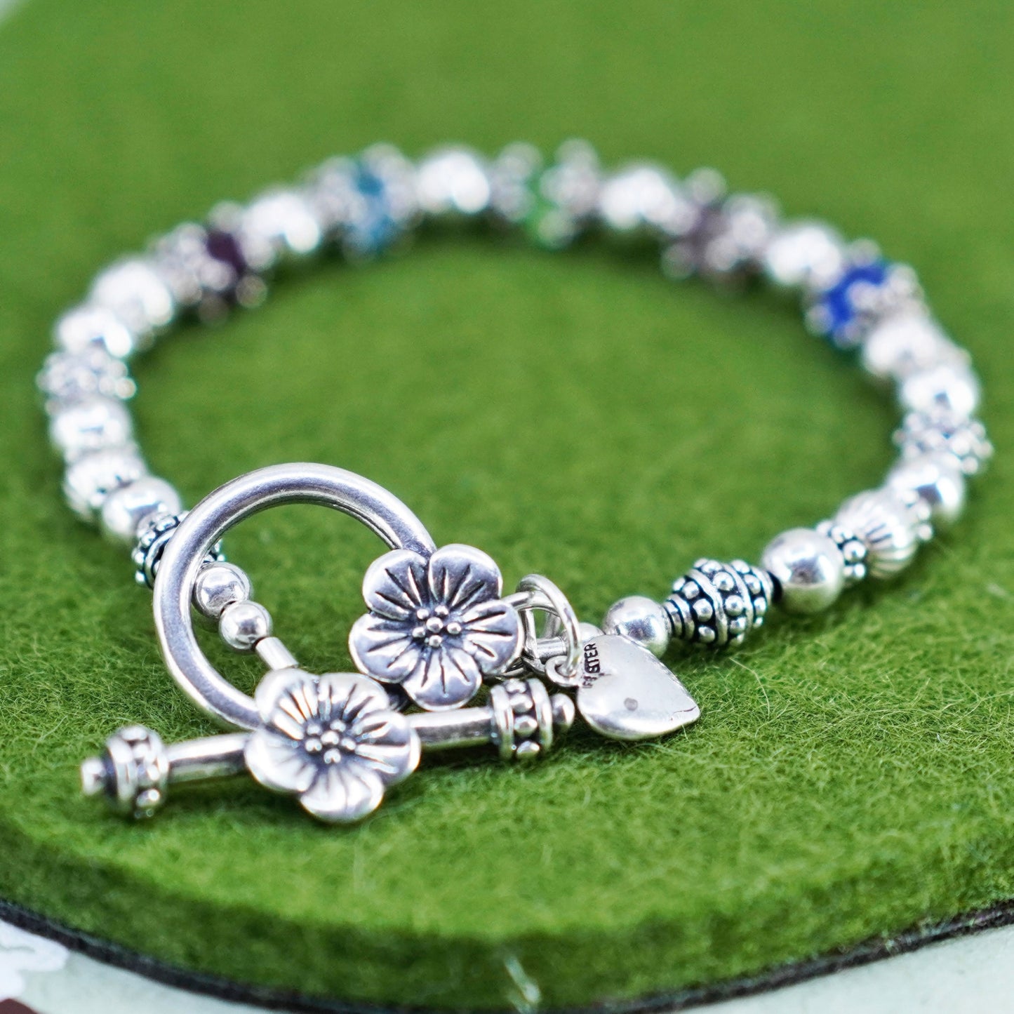 6”, Vintage Sterling 925 silver handmade beads bracelet with crystals flower