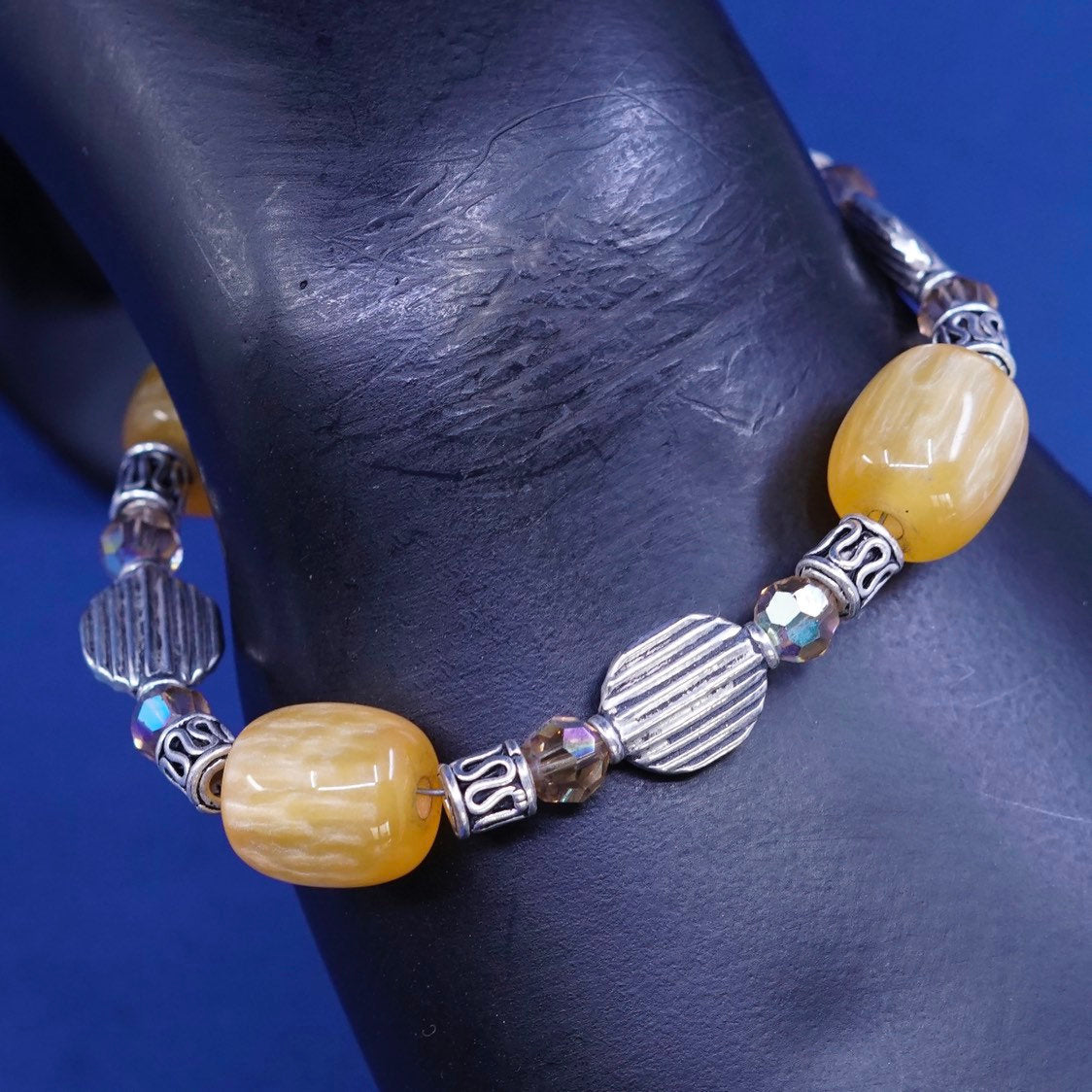 7”, vtg sterling silver handmade bracelet, 925 beads N yellow beads w/ toggle