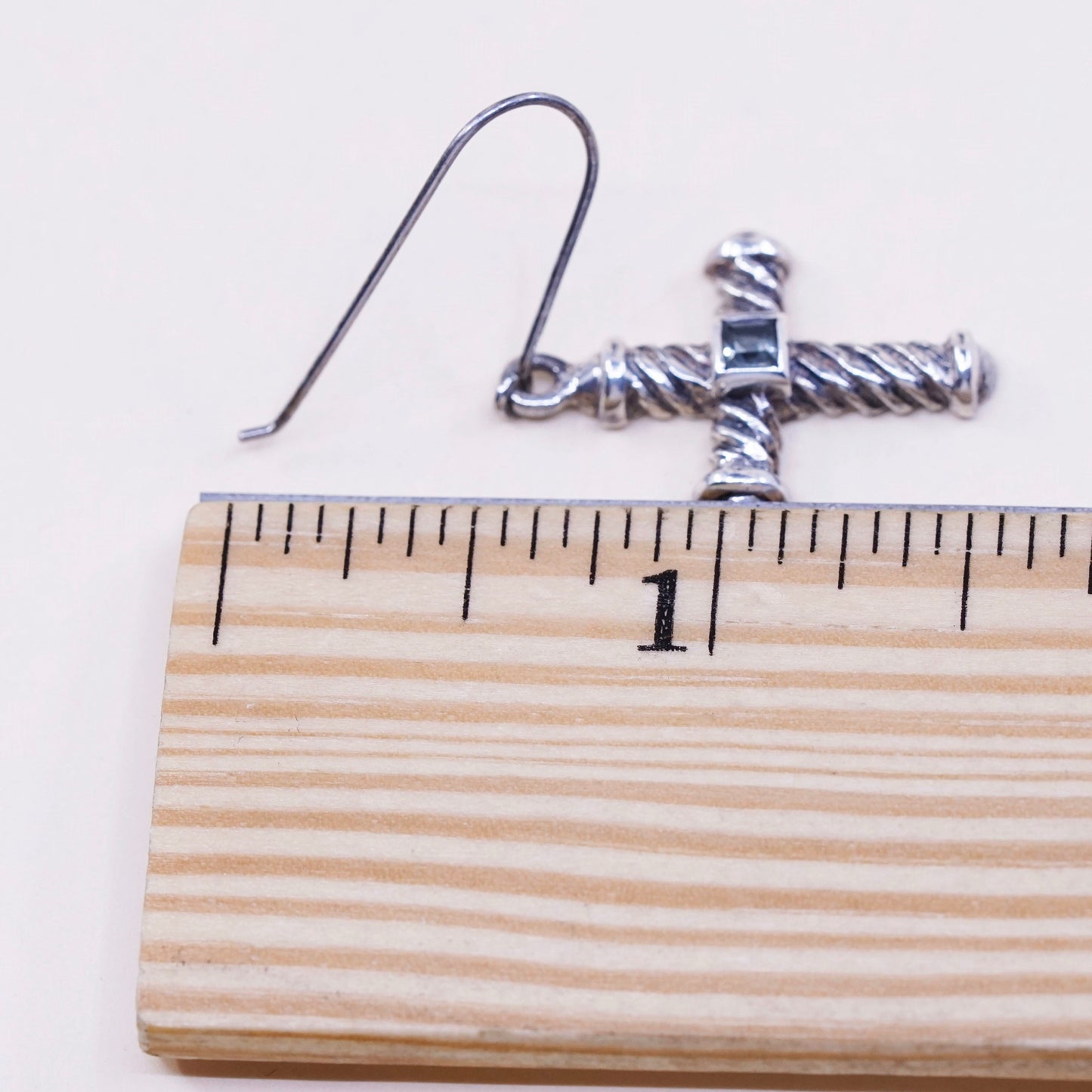 vtg Sterling silver handmade earrings, 925 silver twisted cross with topaz