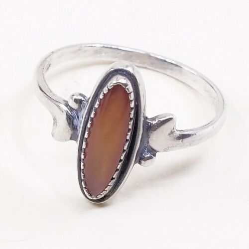 Sz 4.5, Vintage Handmade Sterling Silver Ring W/ Orange Tiger Eye, Silver Tested