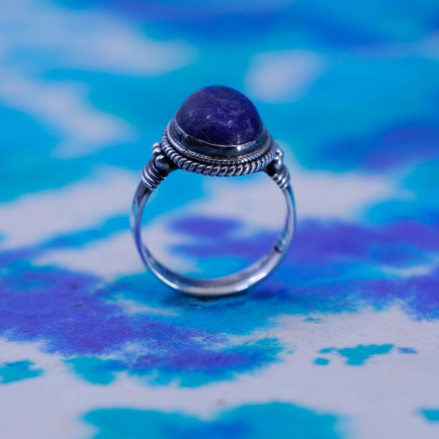Size 7, vintage sterling 925 silver handmade ring band with sodalite and cable