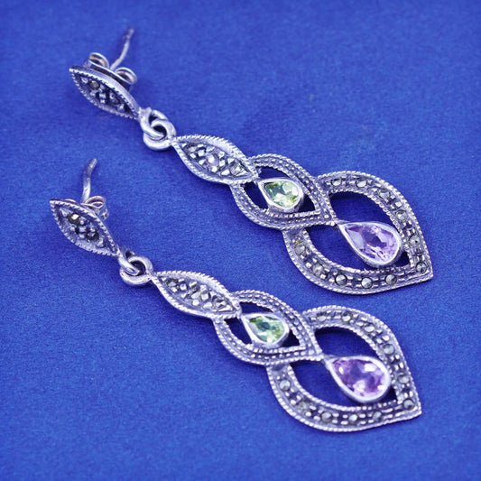 Vintage sterling 925 silver handmade earrings with amethyst peridot marcasite