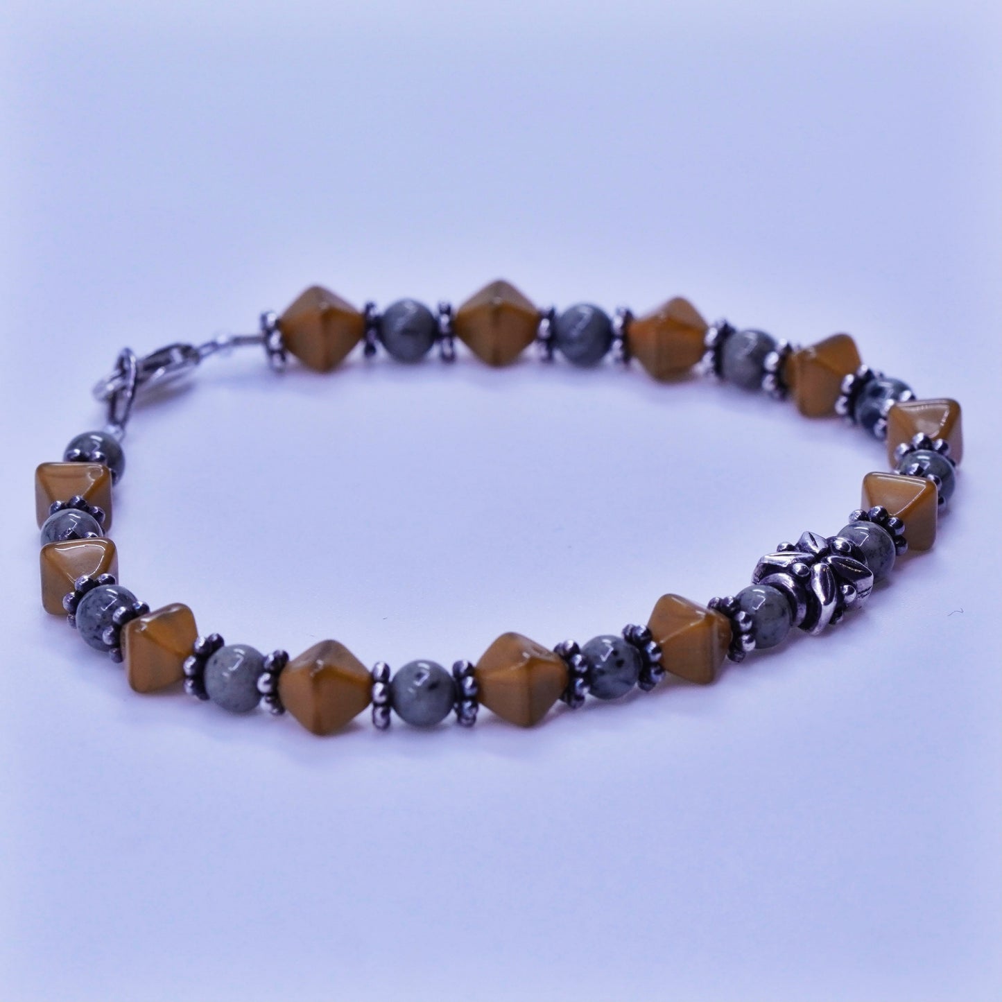 7”, vintage Sterling 925 silver bracelet with golden tiger eye jasper beads
