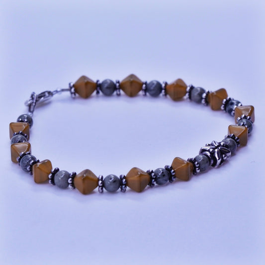 7”, vintage Sterling 925 silver bracelet with golden tiger eye jasper beads