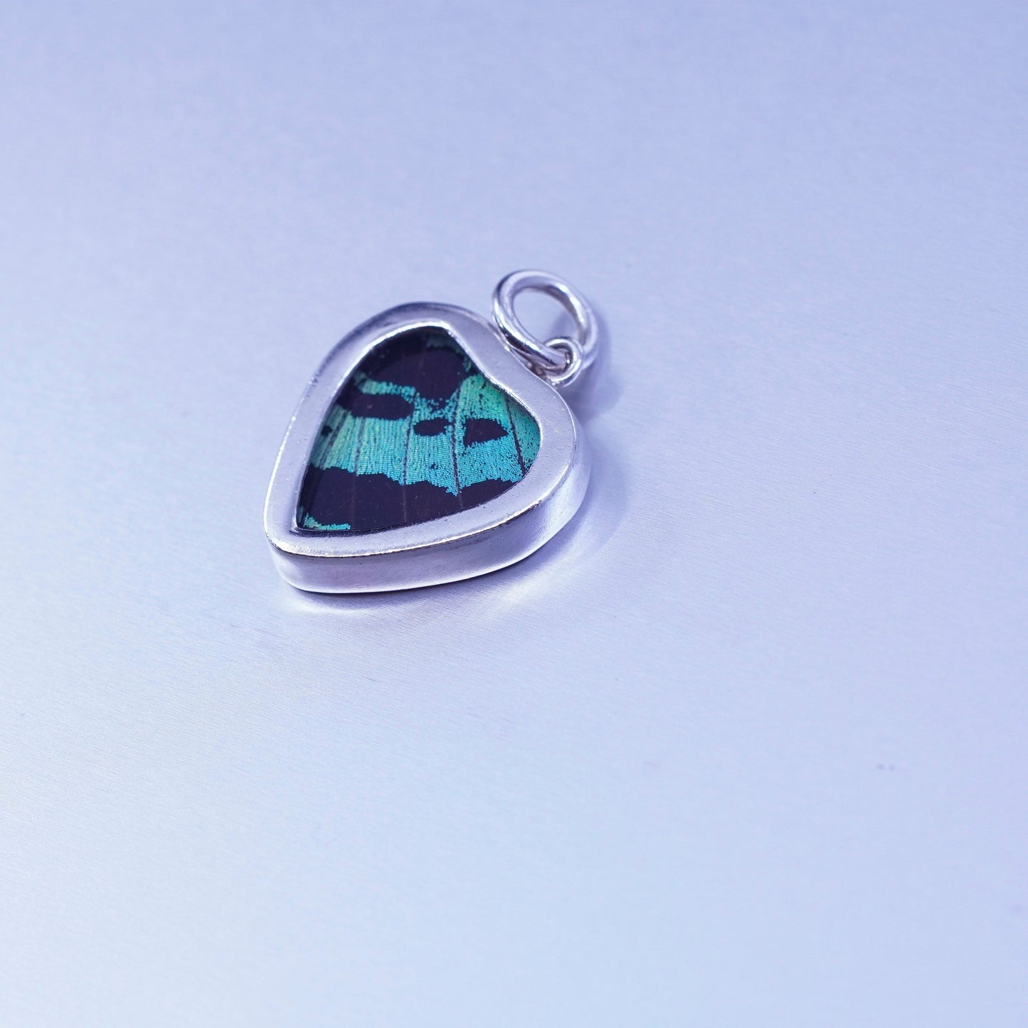 antique sterling 925 silver resin heart double sided pendant w/ butterfly wing