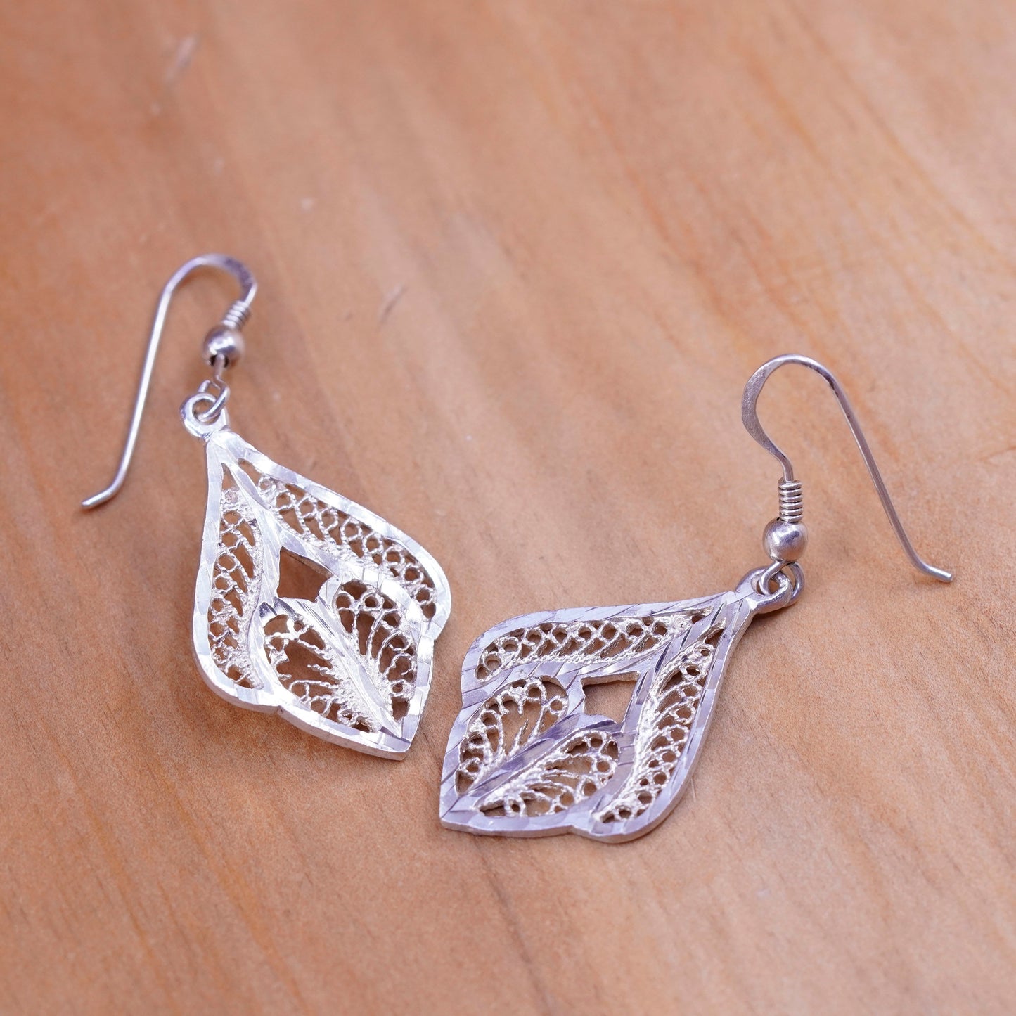 Vintage Sterling silver handmade earrings, 925 Filigree teardrops
