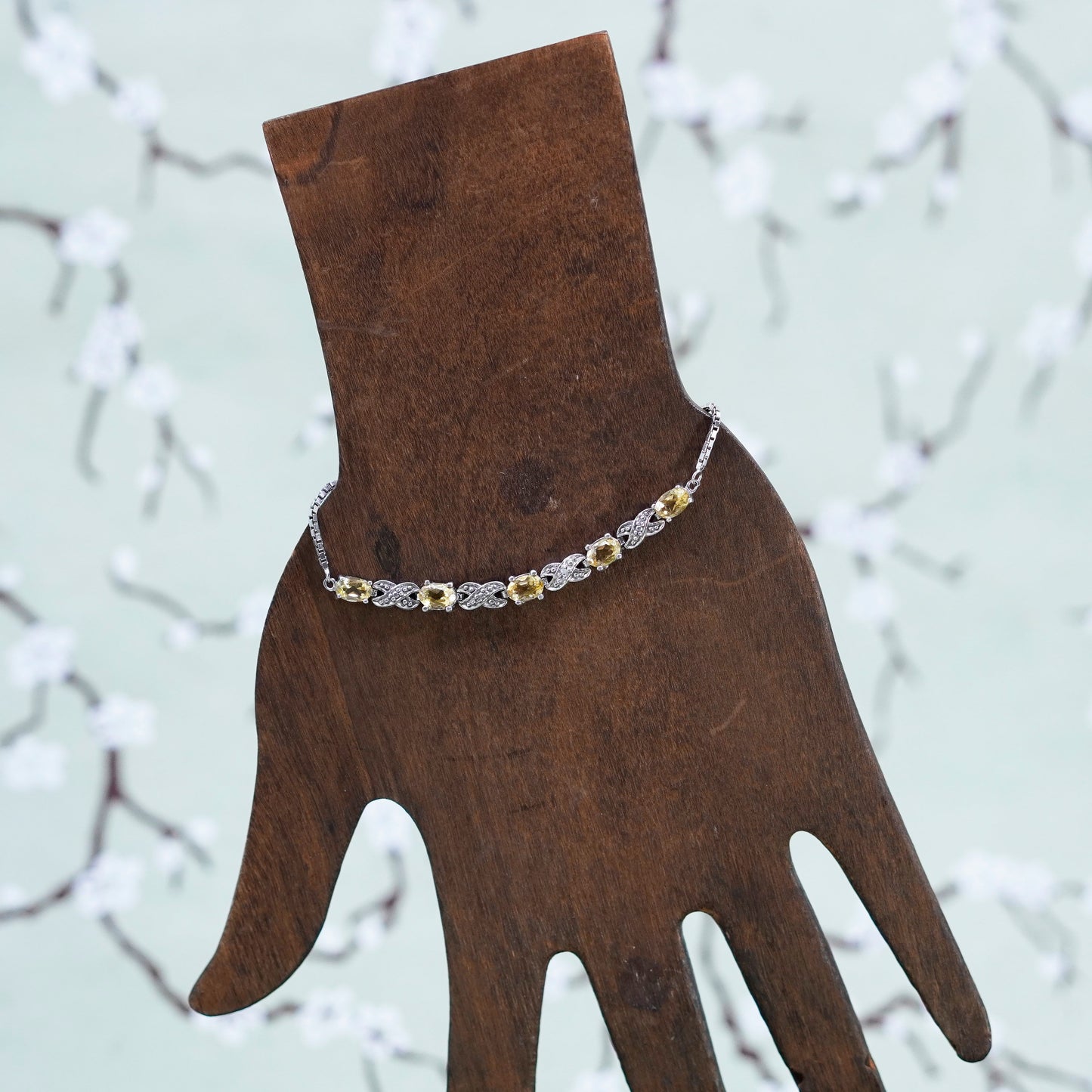 Size adjustable, Vintage sterling silver bracelet, 925 box chain with citrine