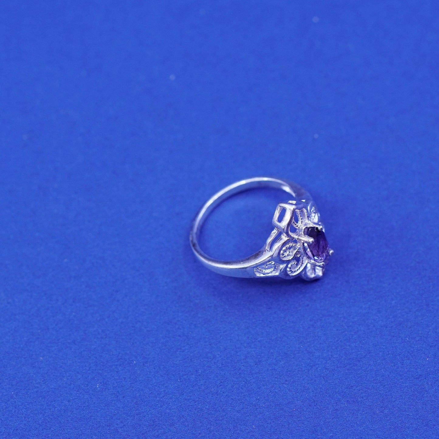 Size 6.25 Vintage Sterling 925 silver filigree handmade ring with amethyst