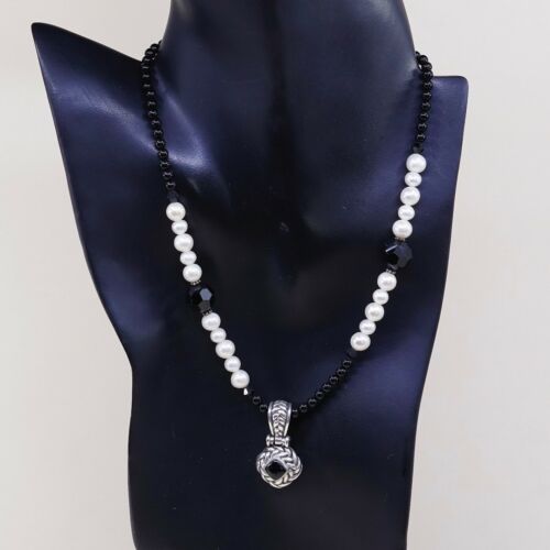 14”+2”, Vtg Sterling 925 silver Chain handmade necklace W/ Pearl N Obsidian Bead