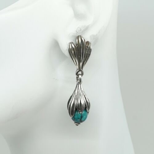 Vtg handmade Sterling 925 Silver Turquoise Earrings w/ turquoise N Petal Details