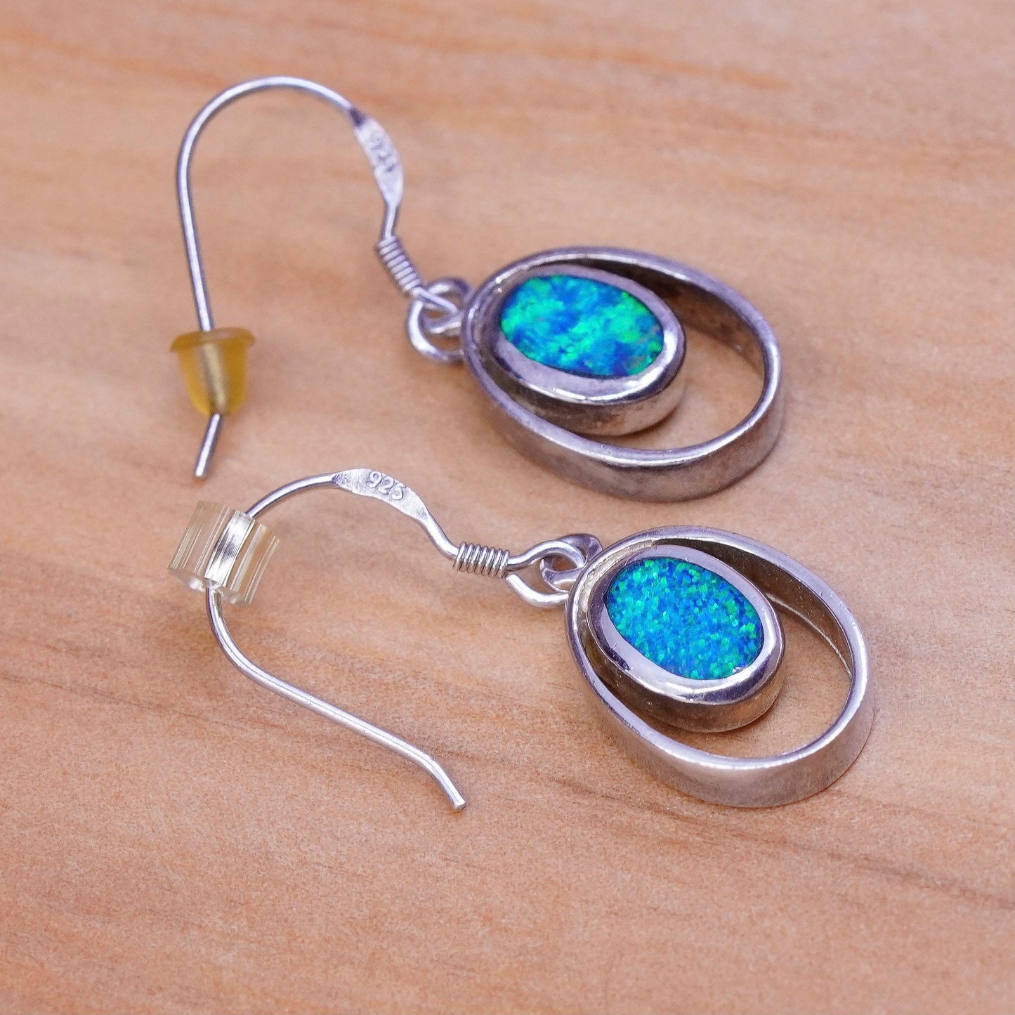 Vintage Sterling 925 silver handmade earrings with oval opal inlay