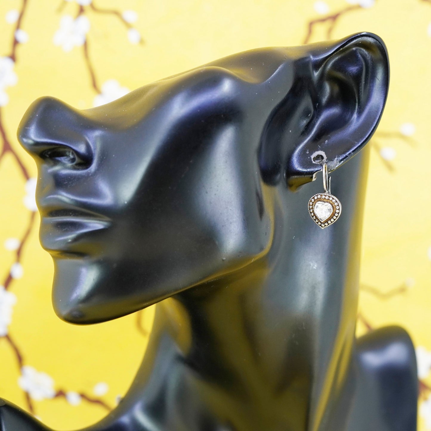 Vintage Sterling 925 silver handmade heart earrings with crystal and beads