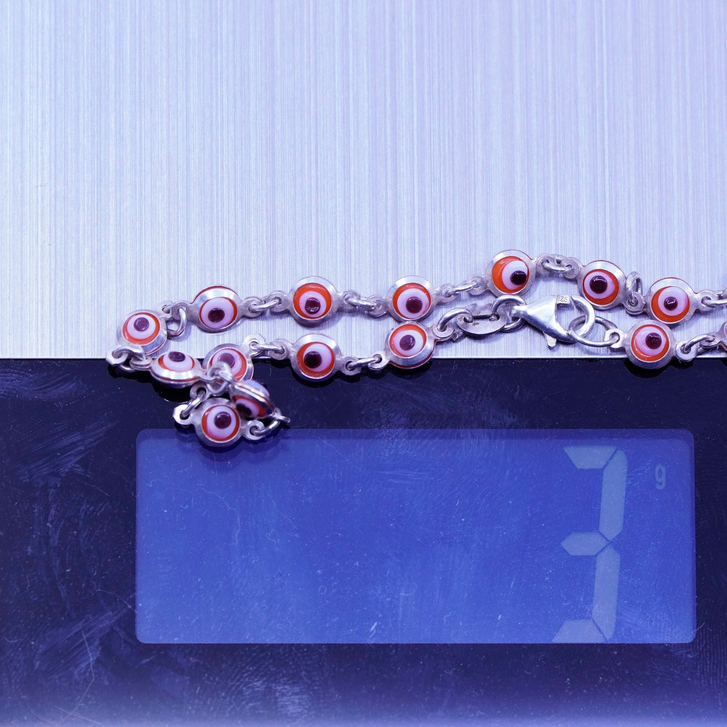 7”, Sterling 925 silver handmade bracelet chain with red evil eye glass beads