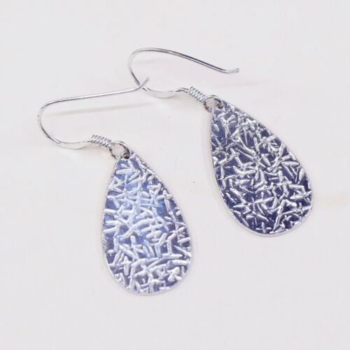 vtg Modernist Hammered Sterling Silver Teardrop Dangles Earrings, Stamped 925