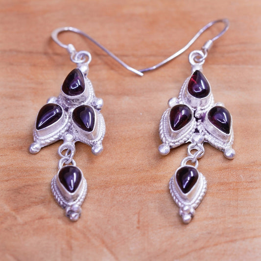 Vintage Nepal Sterling silver handmade earrings with teardrop garnet and cable