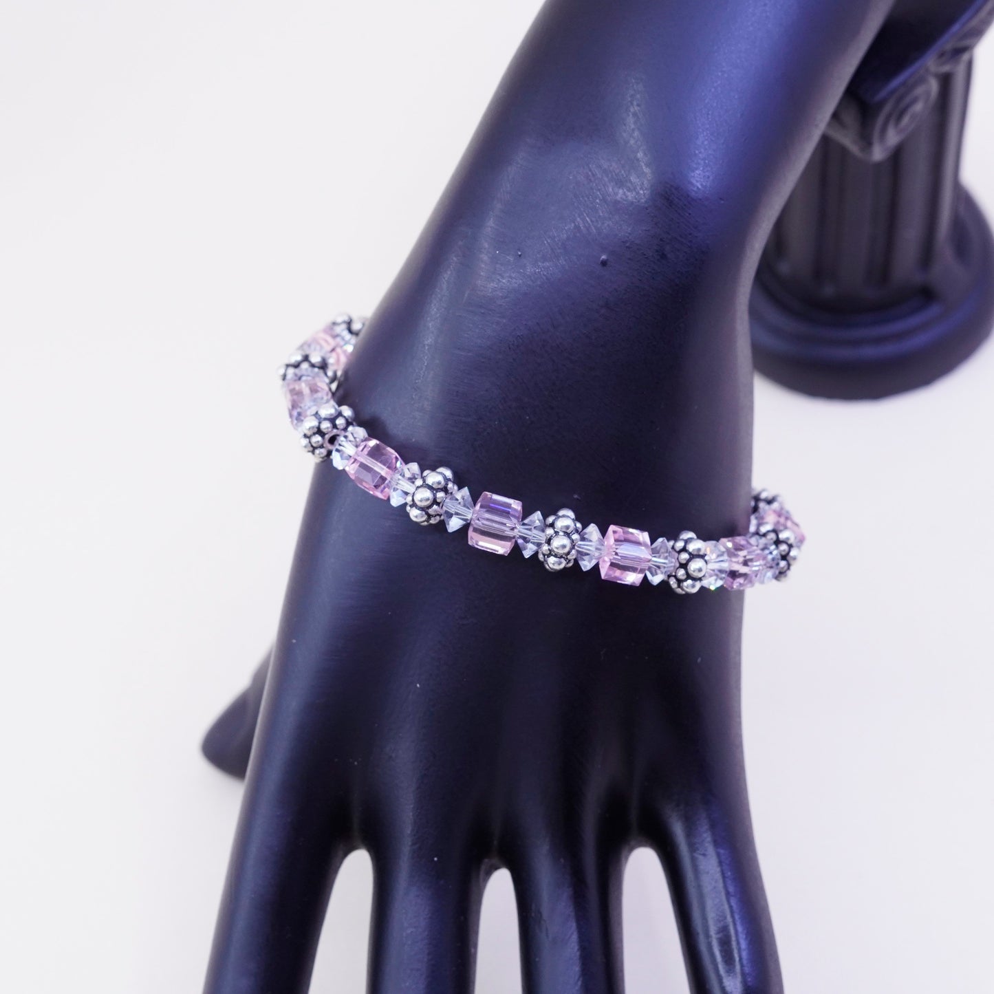 7”, Vintage Sterling silver handmade bracelet, 925 beads with pink crystal