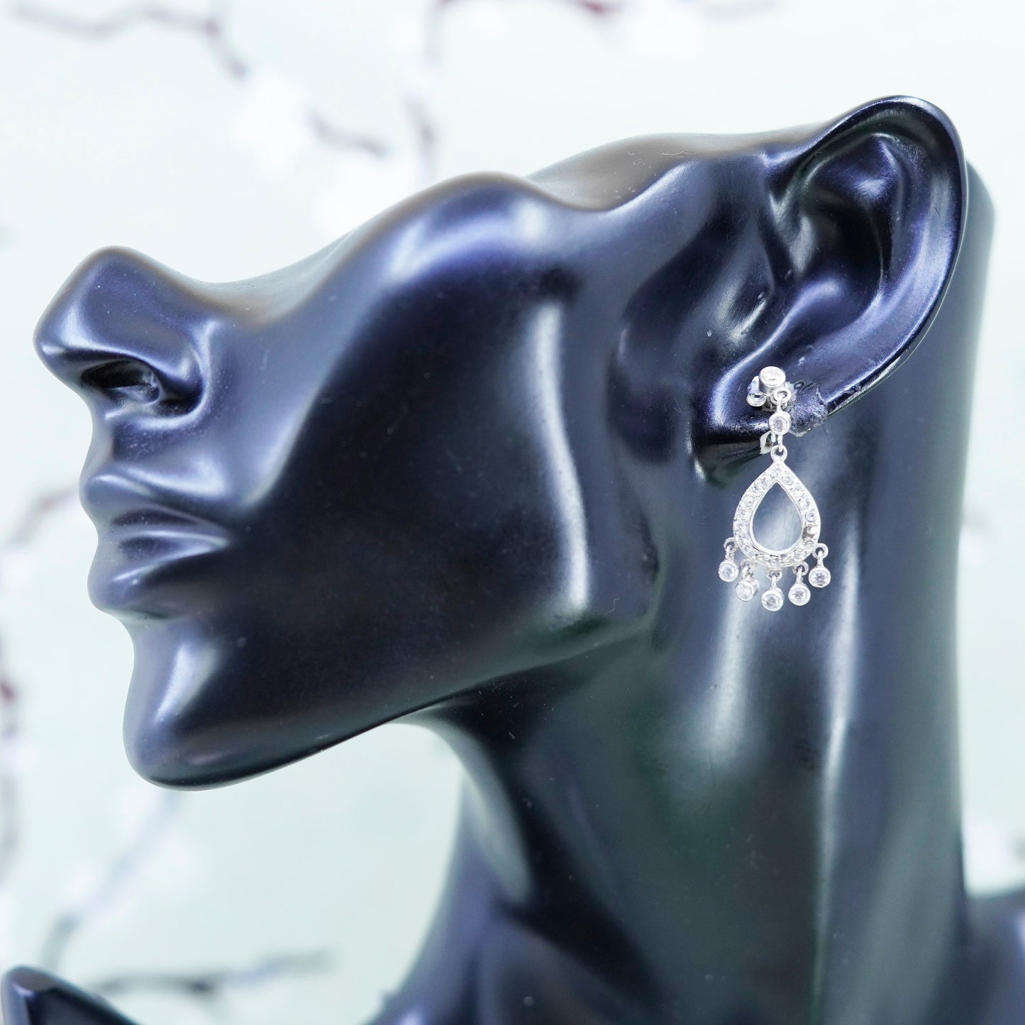 Vintage Sterling silver handmade earrings, 925 teardrop drops with cz around