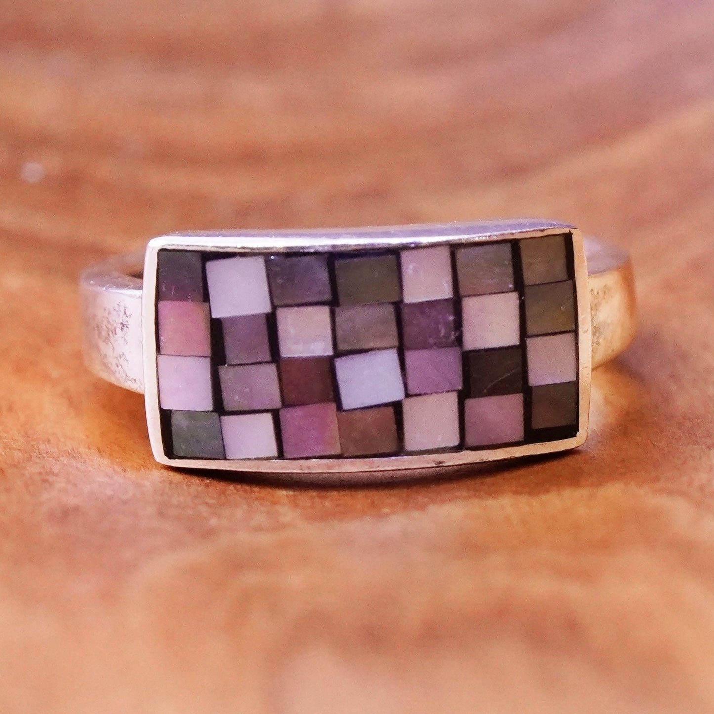 Size 7.25, vintage sterling silver handmade ring, 925 band with abalone inlay
