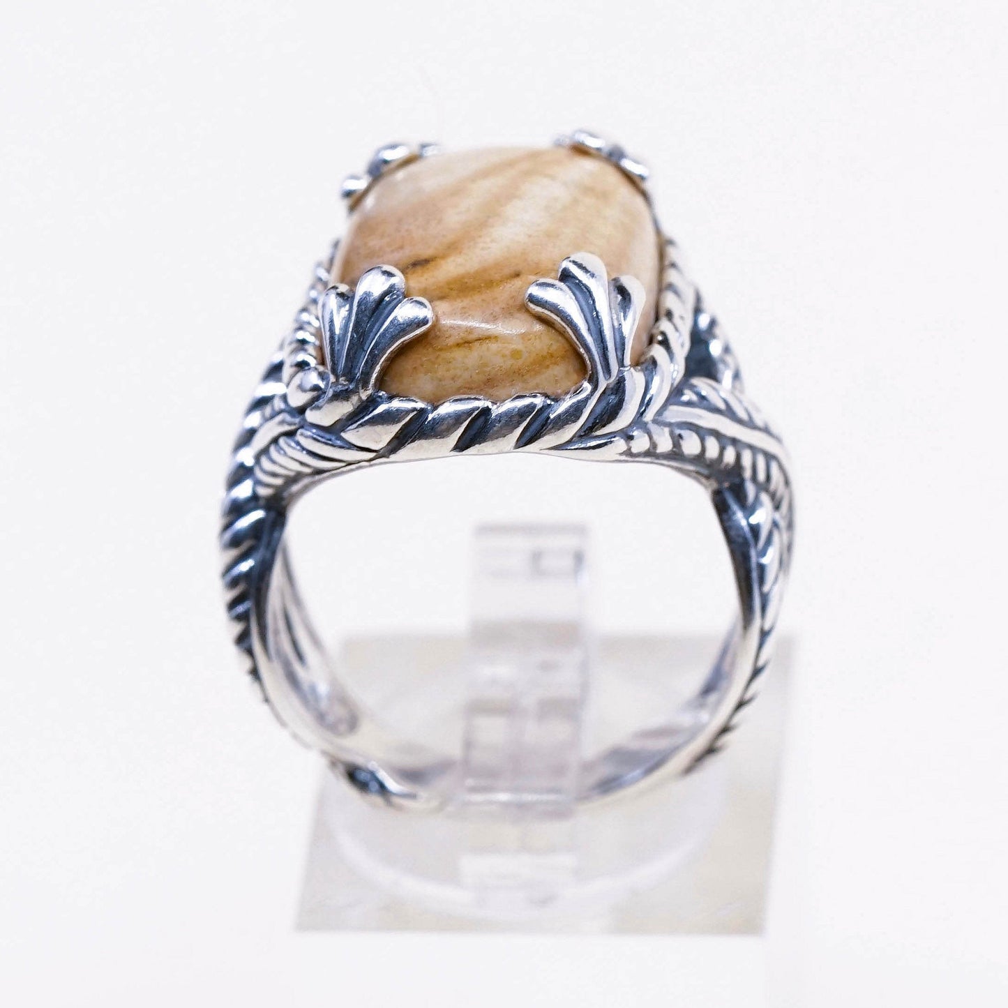 sz 8.5, vtg relios carolyn pollack sterling 925 silver ring w/ agate N cable