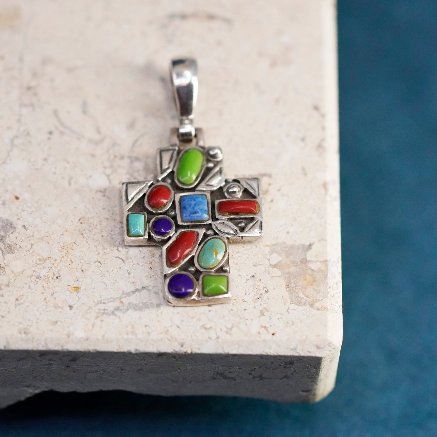 Vintage Sterling silver handmade pendant, 925 gemstone beads cross