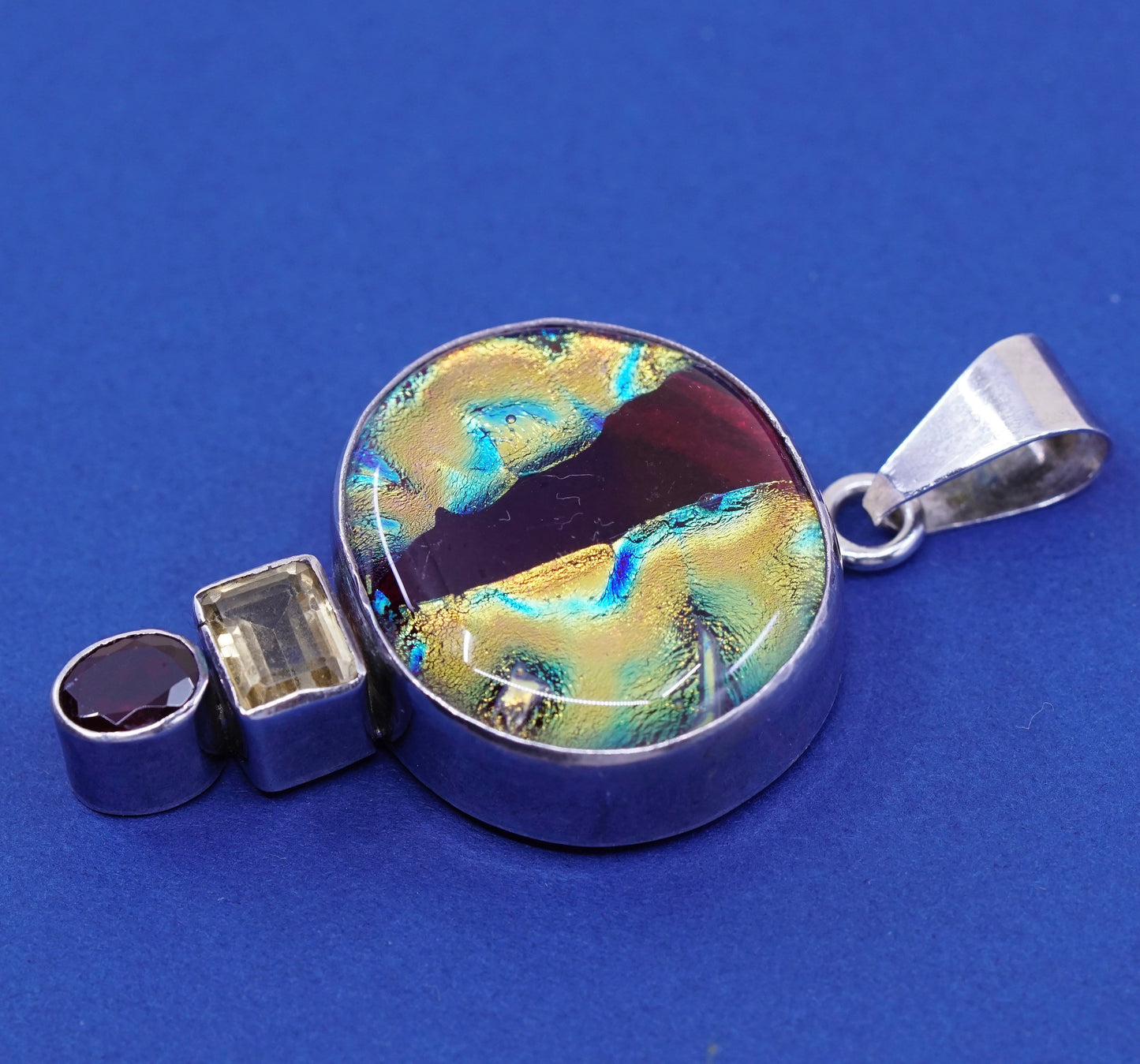 vtg sterling 925 silver handmade pendant with dichroic glass and citrine ruby