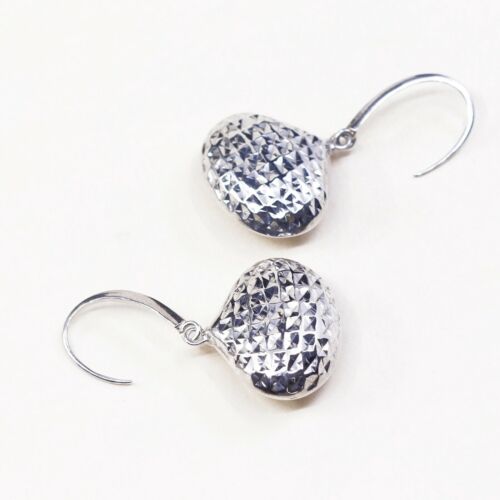 Vtg Italy Sterling 925 Silver Puffy Teardrop Shaped Earrings W/ Diamond Textures