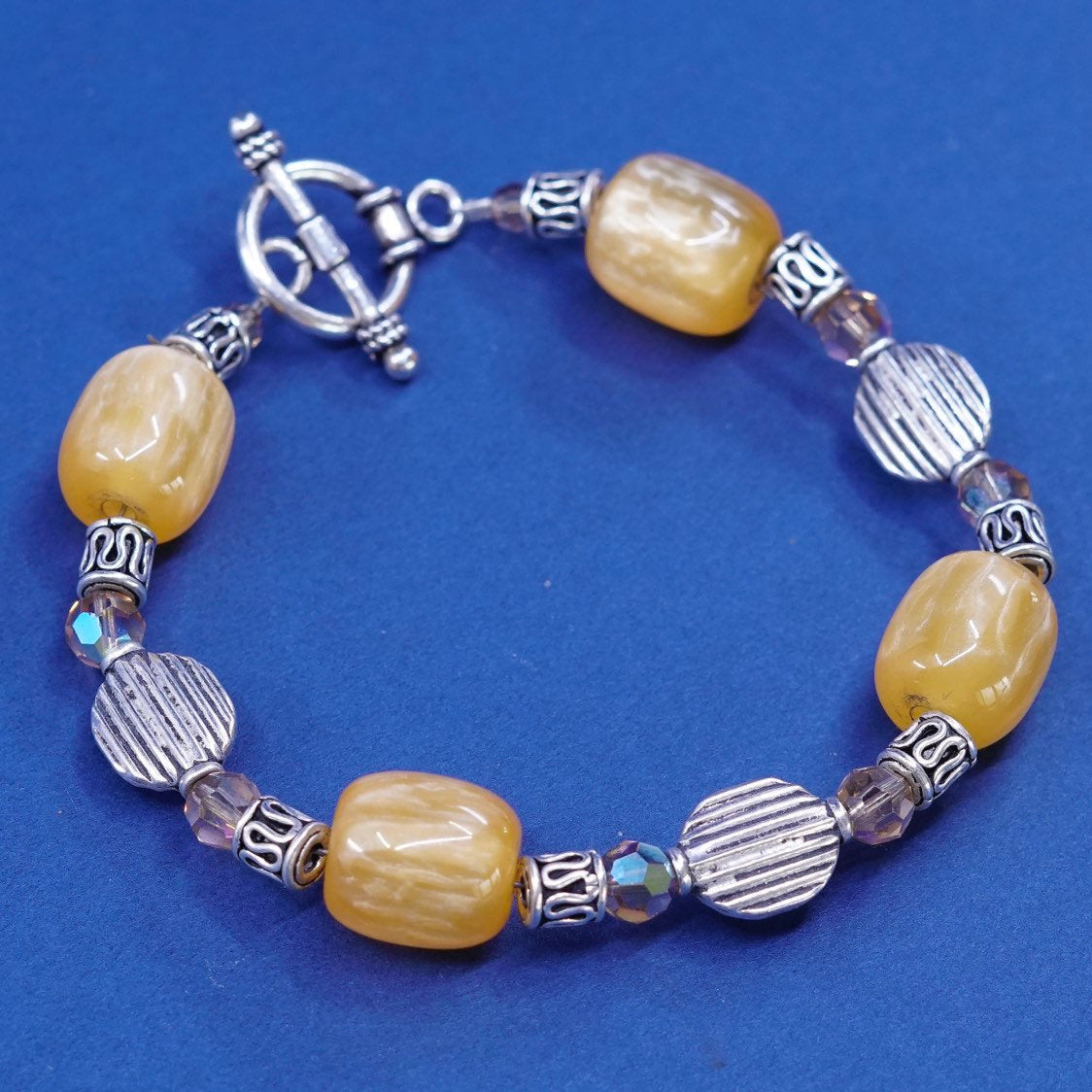 7”, vtg sterling silver handmade bracelet, 925 beads N yellow beads w/ toggle