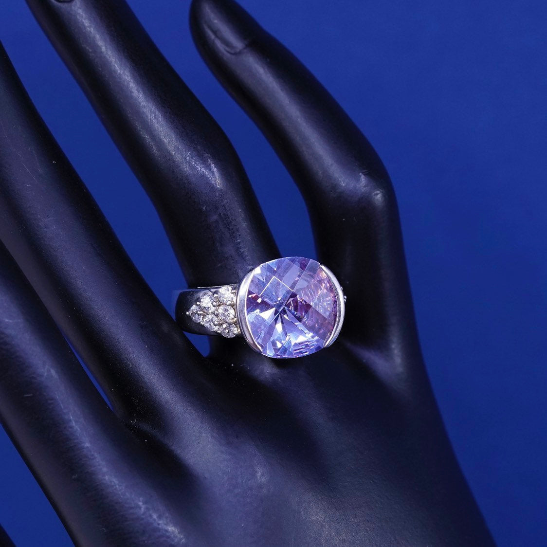 sz 8.75, vtg Sterling silver handmade ring, 925 w/ amethyst ring