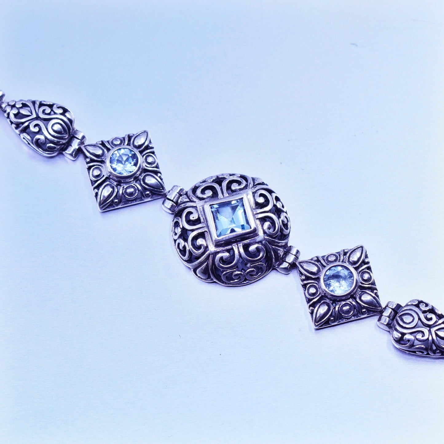 7.25”, Vintage NF Sterling 925 silver handmade bracelet, Bali chain with topaz