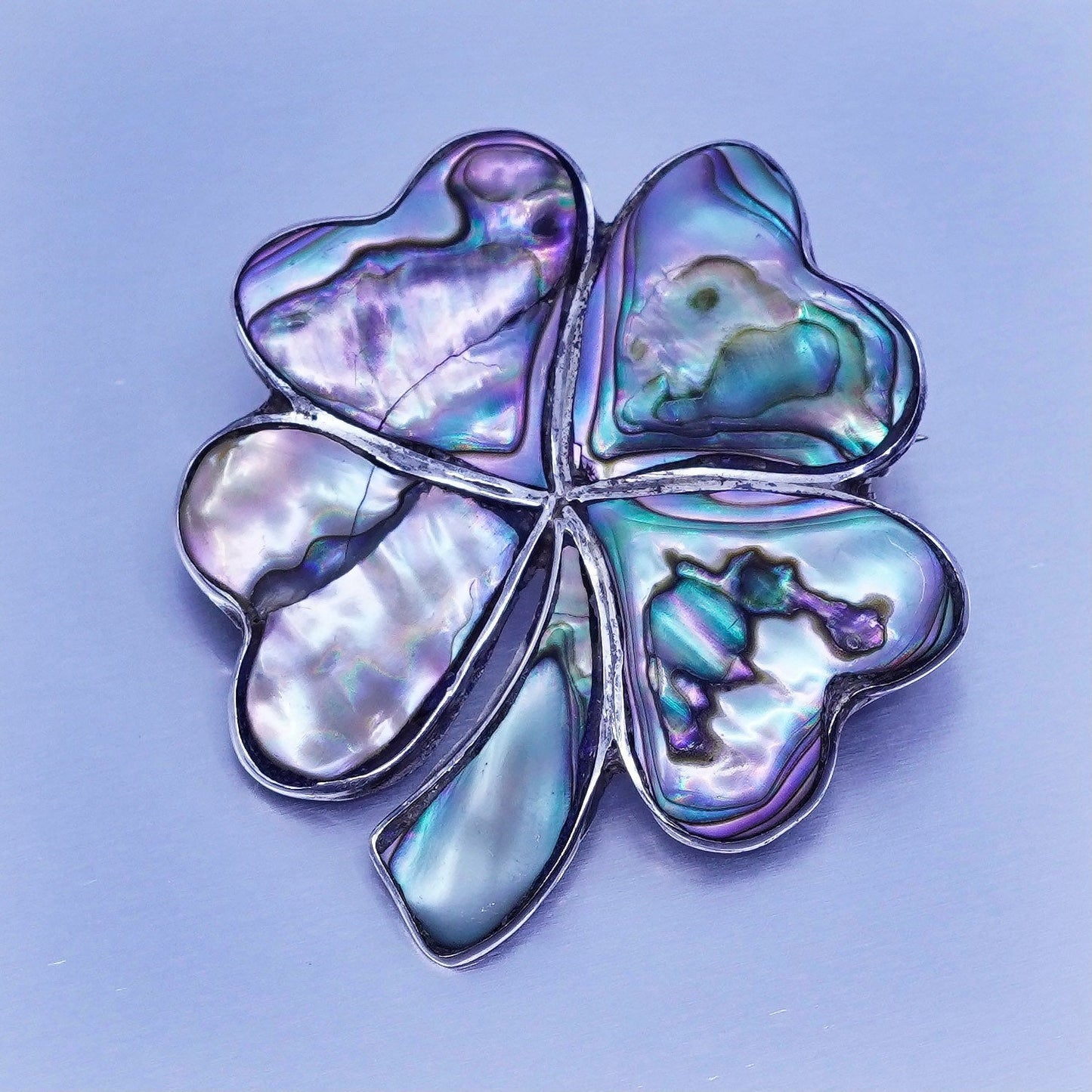Taxco Sterling 925 silver handmade brooch lucky four leaf clover pin w/ abalone