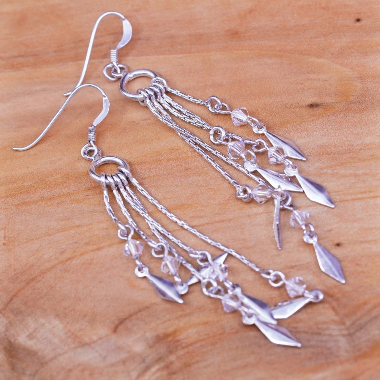Vintage Sterling 925 silver handmade earrings with crystal and fringe dangles